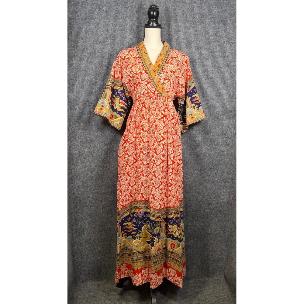 Vintage 70s Gilead Maxi Dress Dragon Kimono Sleeve Boho Asian Inspired XS S